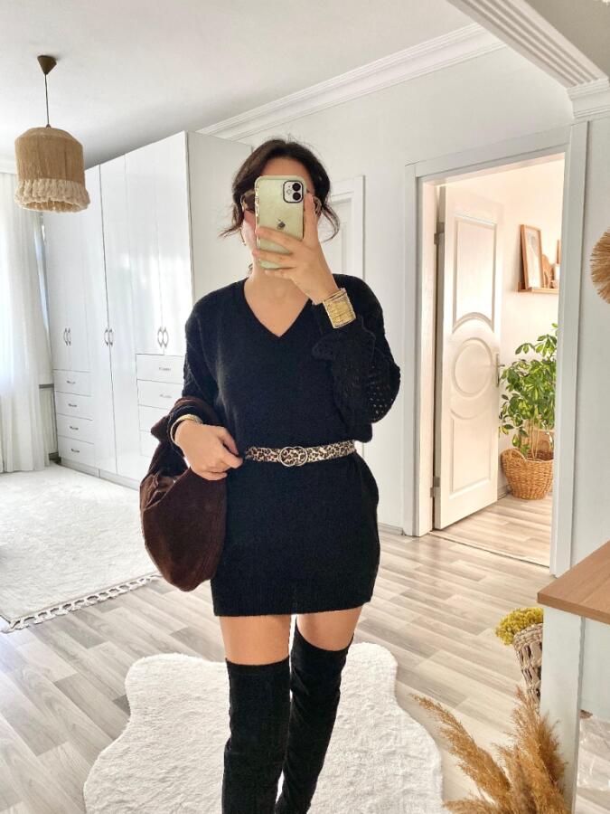 Kadın Uzun Kollu V Yakalı Mini Triko Elbise - 12