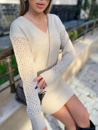 Kadın Uzun Kollu V Yakalı Mini Triko Elbise - 1