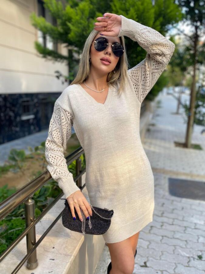 Kadın Uzun Kollu V Yakalı Mini Triko Elbise - 2