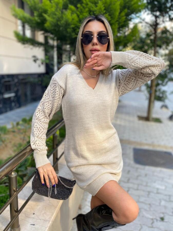 Kadın Uzun Kollu V Yakalı Mini Triko Elbise - 3