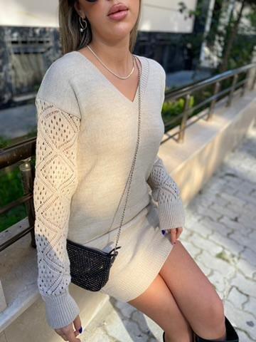 Kadın Uzun Kollu V Yakalı Mini Triko Elbise - 4