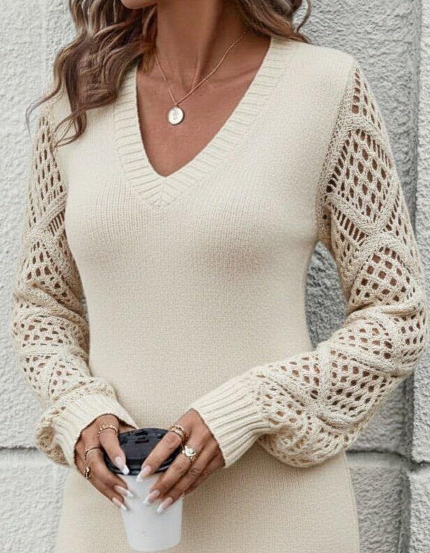 Kadın Uzun Kollu V Yakalı Mini Triko Elbise - 2