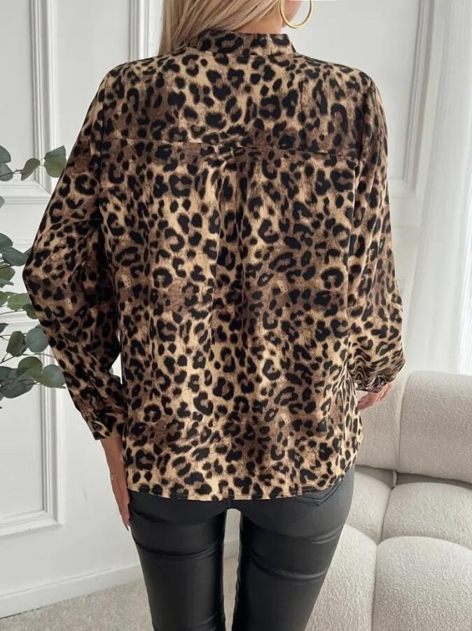 Kadın Uzun Kollu V Yakalı Modal Leopar Desenli Bluz - 6
