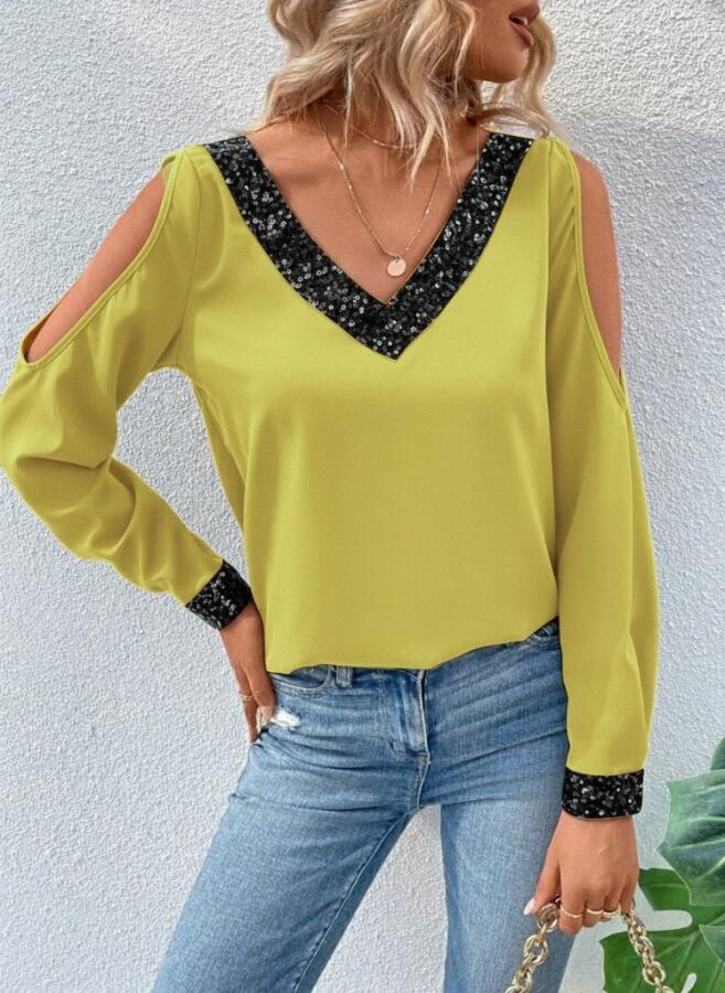 Kadın Uzun Kollu V Yakalı Omuzlardan Açık Sandy Bluz - 3