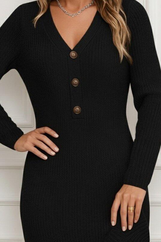 Kadın Uzun Kollu V Yakalı önden Düğmeli Kısa Triko Elbise - 2