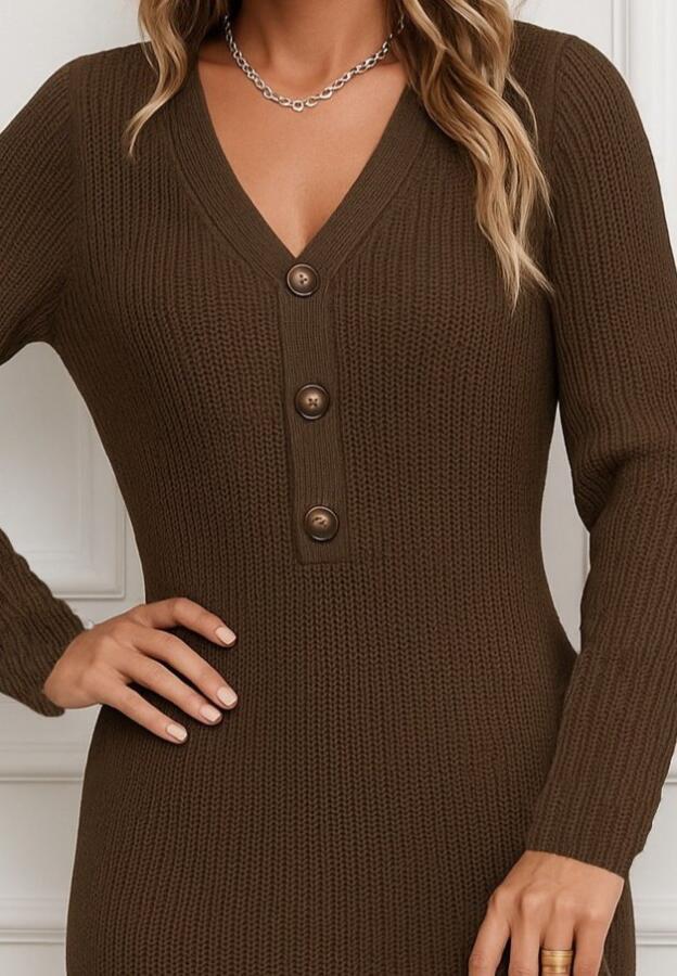 Kadın Uzun Kollu V Yakalı önden Düğmeli Kısa Triko Elbise - 2