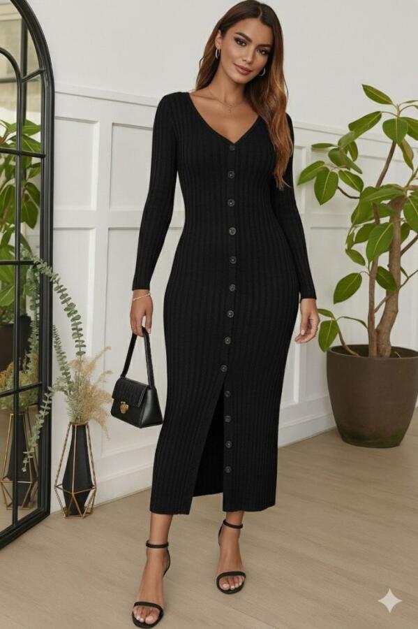 Kadın Uzun Kollu V Yakalı önden Düğmeli şardonlu Kaşkorse Elbise - 1