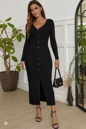 Kadın Uzun Kollu V Yakalı önden Düğmeli şardonlu Kaşkorse Elbise - 3