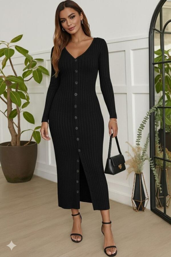 Kadın Uzun Kollu V Yakalı önden Düğmeli şardonlu Kaşkorse Elbise - 3