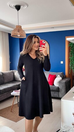 Kadın Uzun Kollu V Yakalı Salaş Midi Iki Iplik Elbise - 1
