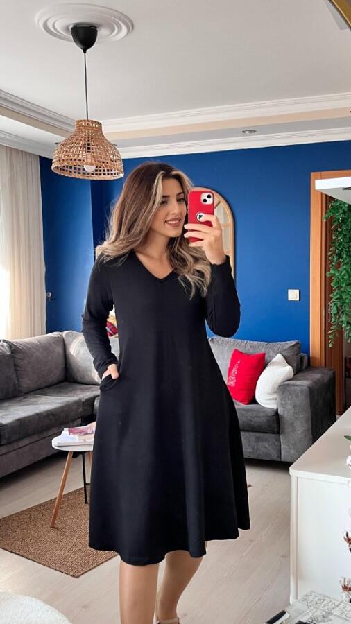Kadın Uzun Kollu V Yakalı Salaş Midi Iki Iplik Elbise - 1