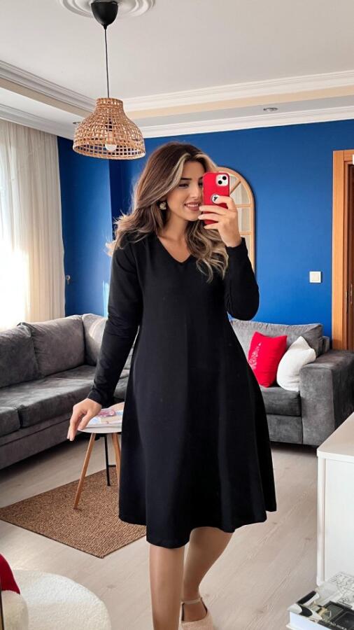 Kadın Uzun Kollu V Yakalı Salaş Midi Iki Iplik Elbise - 2