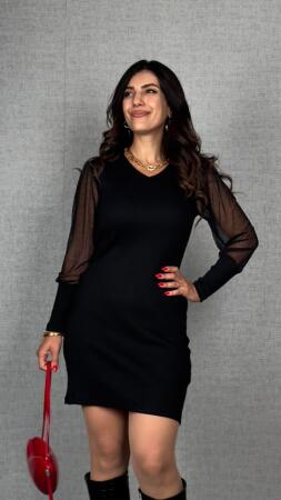 Kadın Uzun Kollu V Yakalı Tül Detaylı Mini Kaşkorse Elbise - 1