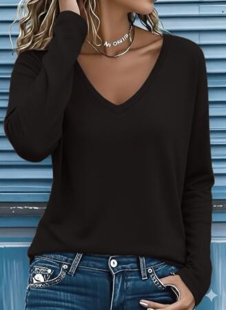 Kadın Uzun Kollu V Yakalı Viskon Iki Iplik Bluz - ANGELINO BuyukBedeniz