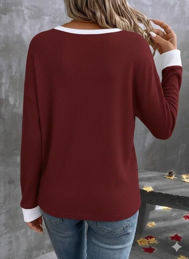 Kadın Uzun Kollu V Yakalı Waffle Bluz - 4