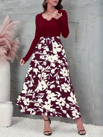 Kadın Uzun Kollu Yaka Açık üst Kaşkorse Beli Kuşaklı Alt çiçek Baskılı Dalgıç Elbise - ANGELINO BuyukBedeniz