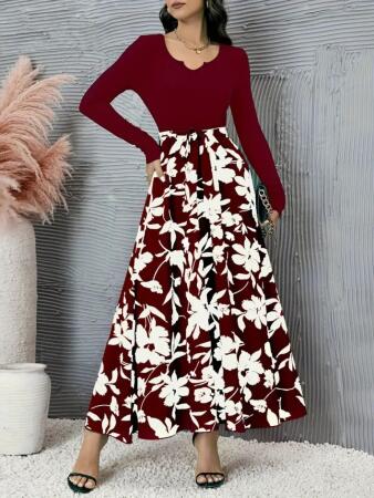 Kadın Uzun Kollu Yaka Açık üst Kaşkorse Beli Kuşaklı Alt çiçek Baskılı Dalgıç Elbise - ANGELINO BuyukBedeniz (1)