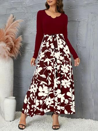 Kadın Uzun Kollu Yaka Açık üst Kaşkorse Beli Kuşaklı Alt çiçek Baskılı Dalgıç Elbise - 5