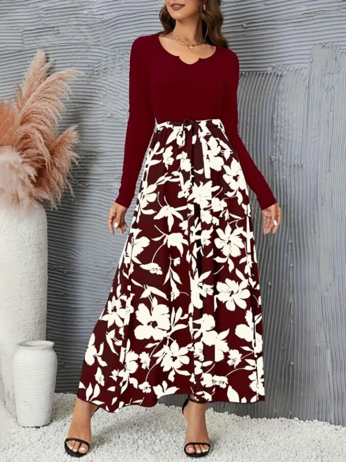 Kadın Uzun Kollu Yaka Açık üst Kaşkorse Beli Kuşaklı Alt çiçek Baskılı Dalgıç Elbise - 5