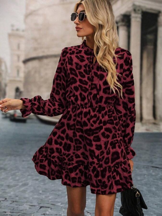 Kadın Uzun Kollu Yakadan Bağcıklı Modal Leopar Desenli Mini Elbise - 3
