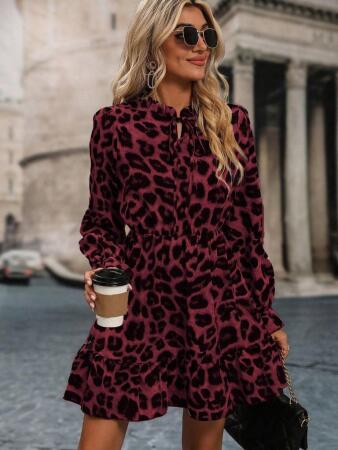 Kadın Uzun Kollu Yakadan Bağcıklı Modal Leopar Desenli Mini Elbise - 4