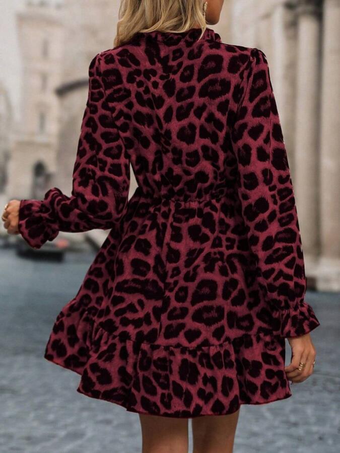 Kadın Uzun Kollu Yakadan Bağcıklı Modal Leopar Desenli Mini Elbise - 5