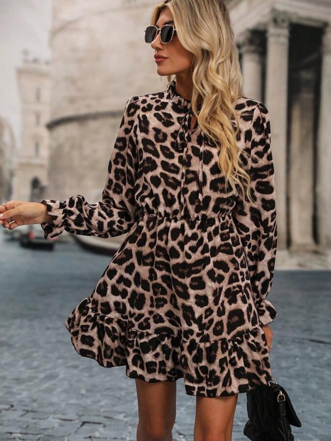 Kadın Uzun Kollu Yakadan Bağcıklı Modal Leopar Desenli Mini Elbise - 2