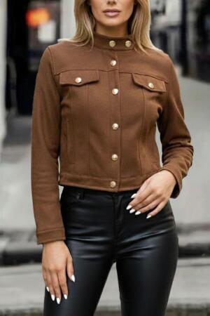 Kadın Uzun Kollu Yakadan Ve önden Düğmeli Süet Kısa Ceket - ANGELINO BuyukBedeniz