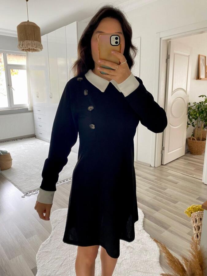 Kadın Uzun Kollu Yakalı A Kesim Kısa Ithal Krep Elbise - 3