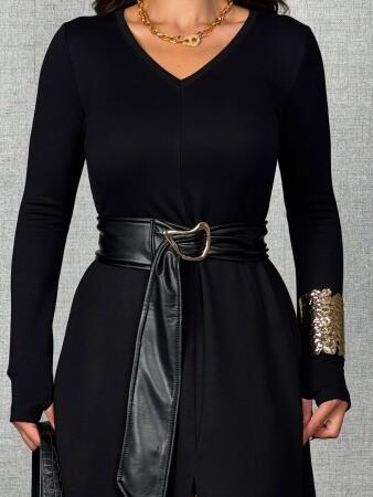 Kadın Uzun Kollu Yakalı Belden Deri Detaylı Kuşaklı Yırtmaçlı Midi Viskon Iki Iplik Elbise - 3