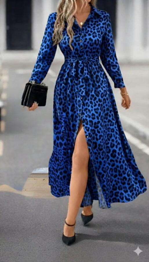 Kadın Uzun Kollu Yakalı Belden Kuşaklı Leopar Desenli Modal Uzun Elbise - 1