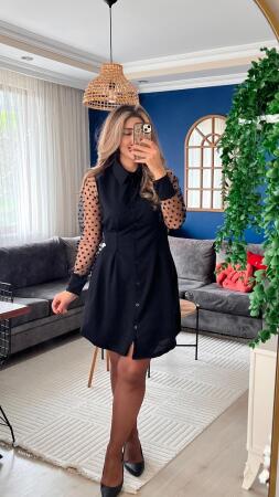 Kadın Uzun Kollu Yakalı Düğmeli Mini Ithal Krep Elbise - 1