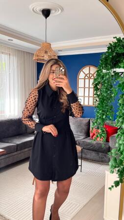 Kadın Uzun Kollu Yakalı Düğmeli Mini Ithal Krep Elbise - 3