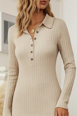 Kadın Uzun Kollu Yakalı Düğmeli şardonlu Kaşkorse Elbise - 3