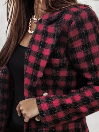 Kadın Uzun Kollu Yakalı Kare Desenli Ekoseli Düğmeli Ceket - ANGELINO BuyukBedeniz (1)
