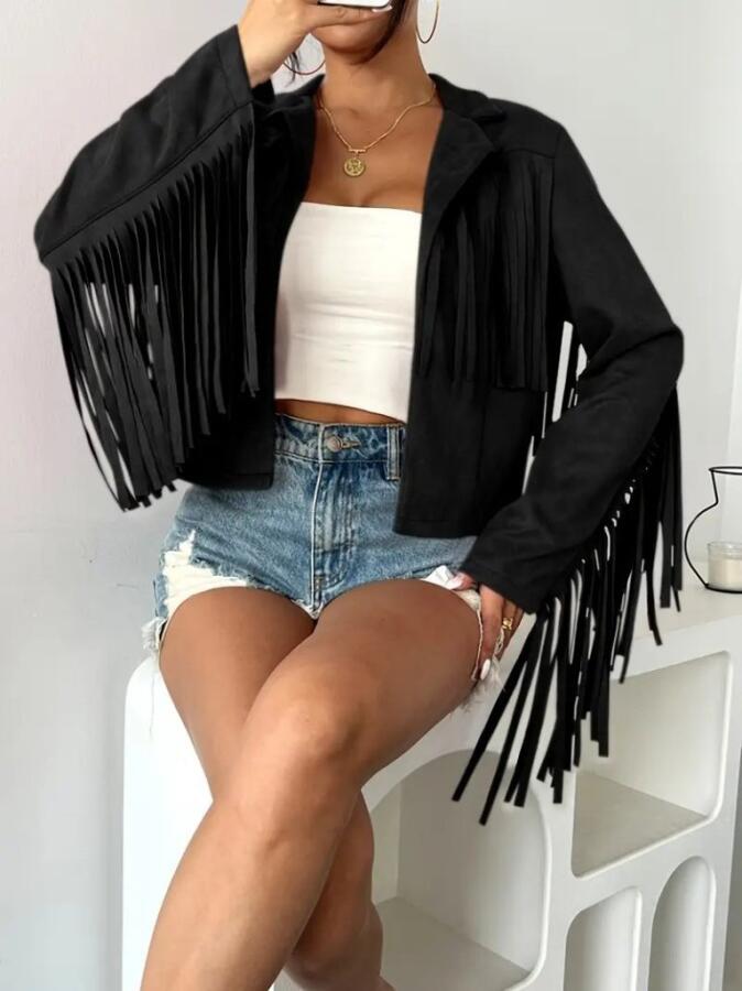 Kadın Uzun Kollu Yakalı Kısa Püsküllü Süet Ceket - 2