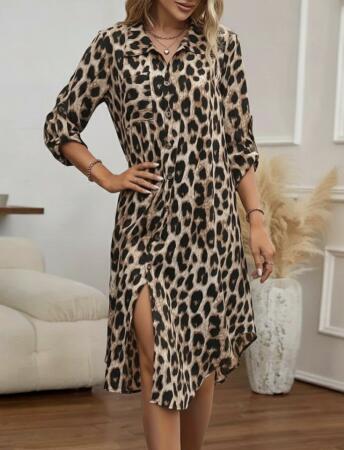Kadın Uzun Kollu Yakalı önden Düğmeli Leopar Desenli Modal Midi Elbise - 2