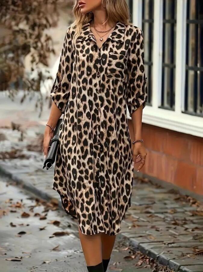 Kadın Uzun Kollu Yakalı önden Düğmeli Leopar Desenli Modal Midi Elbise - 4