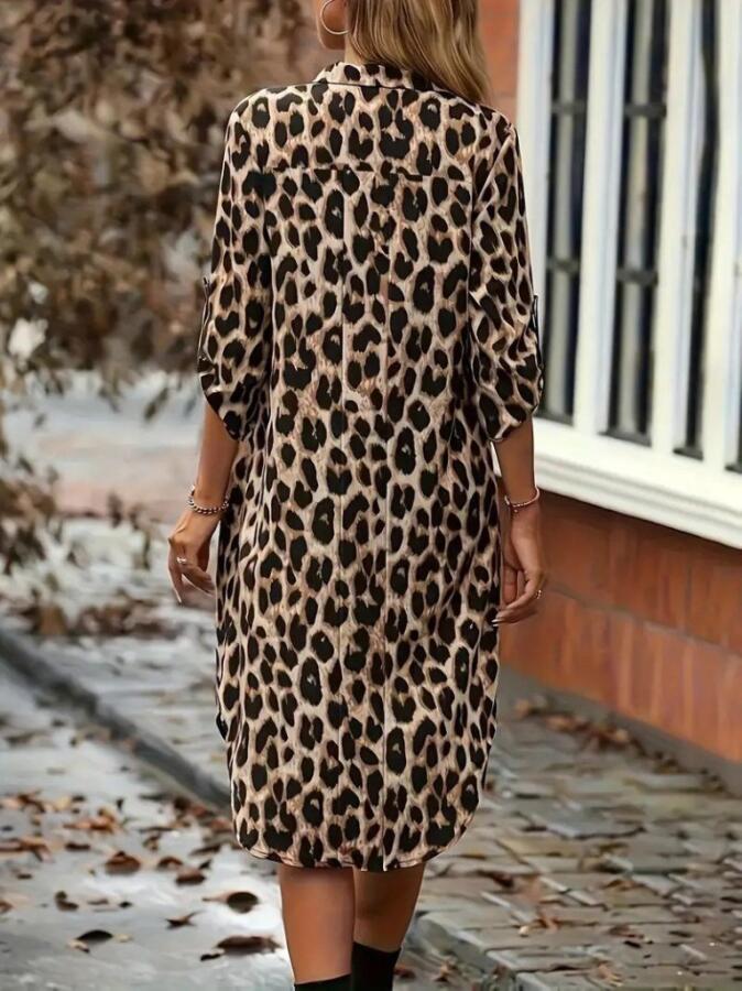 Kadın Uzun Kollu Yakalı önden Düğmeli Leopar Desenli Modal Midi Elbise - 6