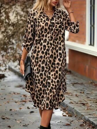Kadın Uzun Kollu Yakalı önden Düğmeli Leopar Desenli Modal Midi Elbise - 8