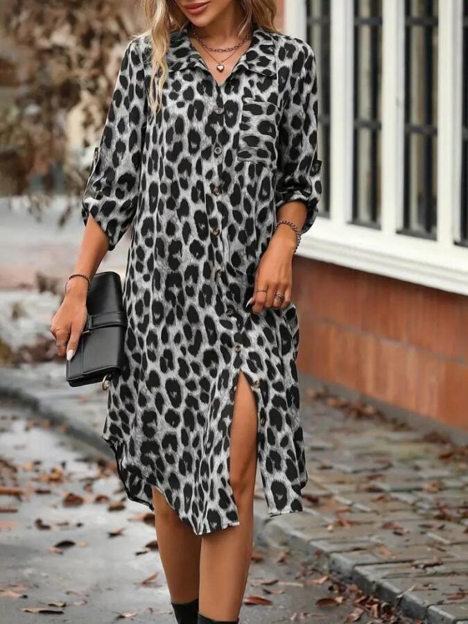 Kadın Uzun Kollu Yakalı önden Düğmeli Leopar Desenli Modal Midi Elbise - 1