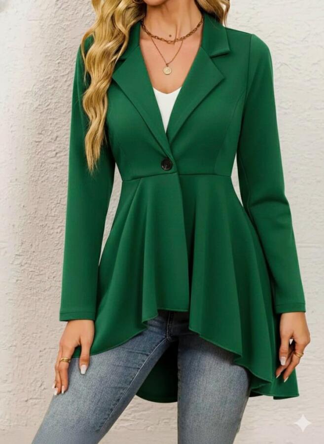 Kadın Uzun Kollu Yakalı önden Düğmeli Uzun Atlas Blazer Ceket - 1