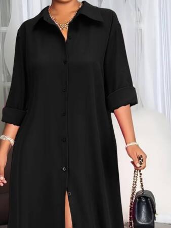 Kadın Uzun Kollu Yakalı önden Düğmeli Uzun Dokuma Elbise - ANGELINO BuyukBedeniz (1)