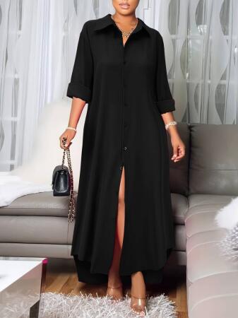 Kadın Uzun Kollu Yakalı önden Düğmeli Uzun Dokuma Elbise - 3