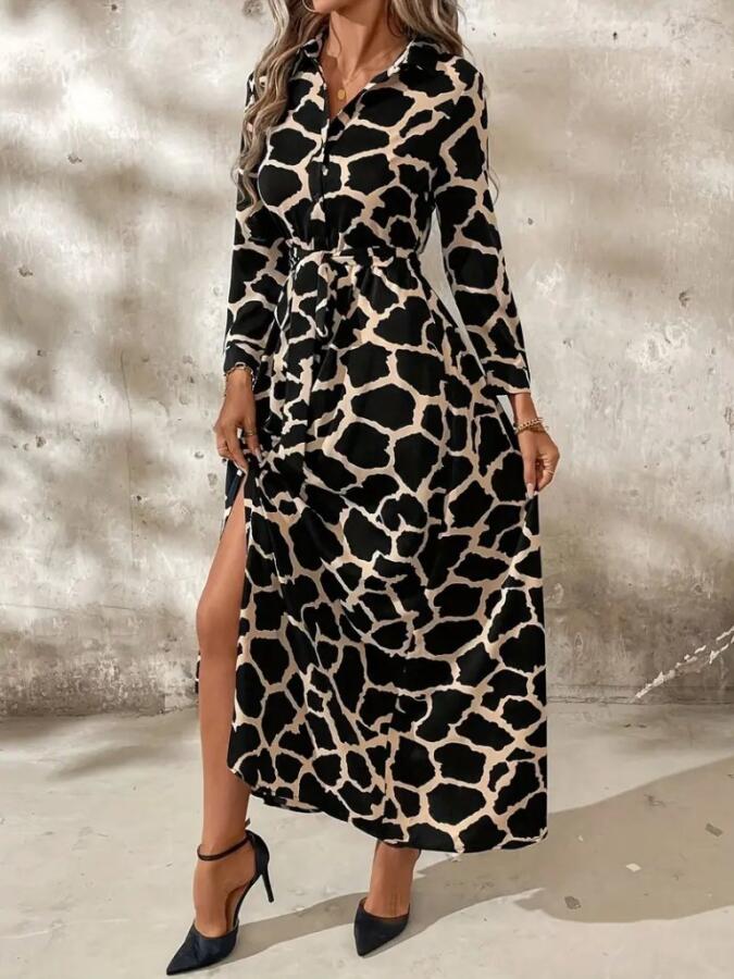 Kadın Uzun Kollu Yakalı önü Düğmeli Desenli Belden Kuşaklı Uzun Süprem Elbise - 1