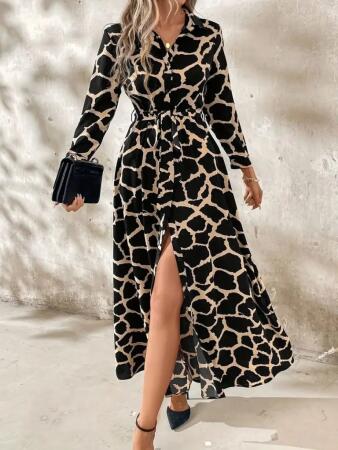 Kadın Uzun Kollu Yakalı önü Düğmeli Desenli Belden Kuşaklı Uzun Süprem Elbise - ANGELINO BuyukBedeniz (1)