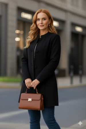 Kadın Uzun Kollu Yakalı önü Düğmeli Ithal Kaşe Astarlı Kaban - ANGELINO BuyukBedeniz