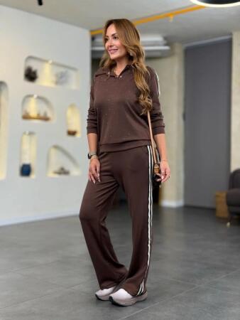 Kadın Uzun Kollu Yakalı şerit Detaylı Viskon Iki Iplik Bluz Ve Pantolon Ikili Takım - 3