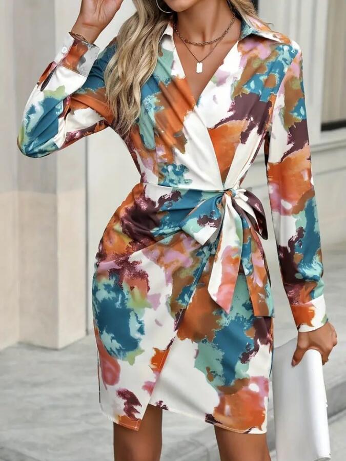 Kadın Uzun Kollu Yakalı Yandan Bağlamalı Mini Desenli Modal Elbise - 2