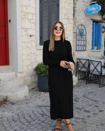 Kadın Uzun Kollu Yarı Balıkçı Yaka Arkadan Pencere Detaylı Bağcıklı Midi Triko Elbise - ANGELINO BuyukBedeniz (1)